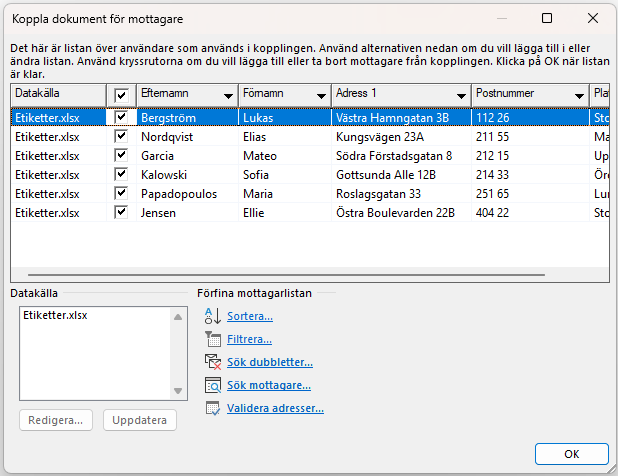 Koppla Excel‑mottagare i Word för dokumentkoppling